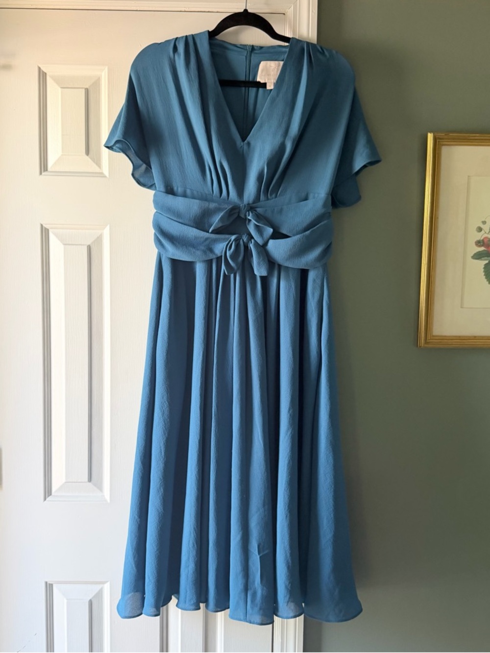 Gal Meets Glam Jane in Teal Midi A-Line Flutter Sleeve Tie Dress Sz 4